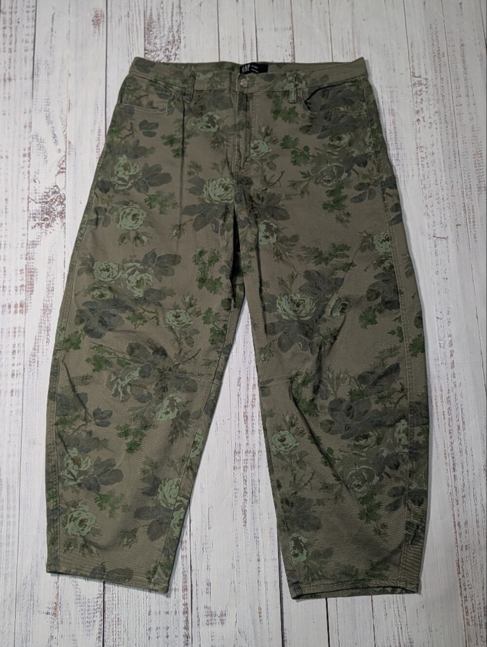 GAP High Rise Barrel Jeans Green Olive Floral Print Utility Size 16 - Picture 3 of 11
